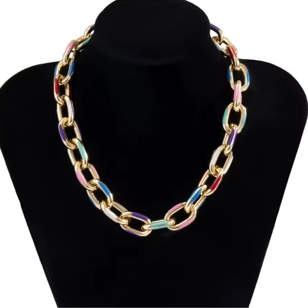 Cuban Color Block Chain Gold Link Necklace - Picture 1 of 8